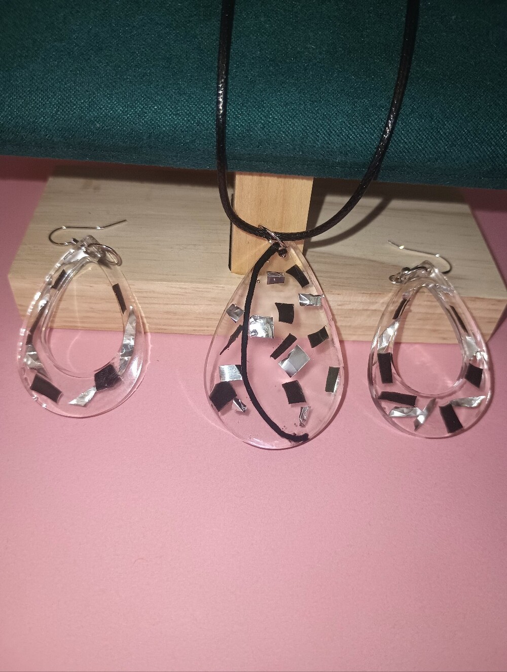Clear Teardrop Necklace & Earring Set with Silver Accents - Women Jewelry